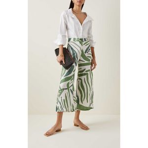 Andres Otalora Wide Leg Abstract Print Cropped Linen Pants Green Size 4